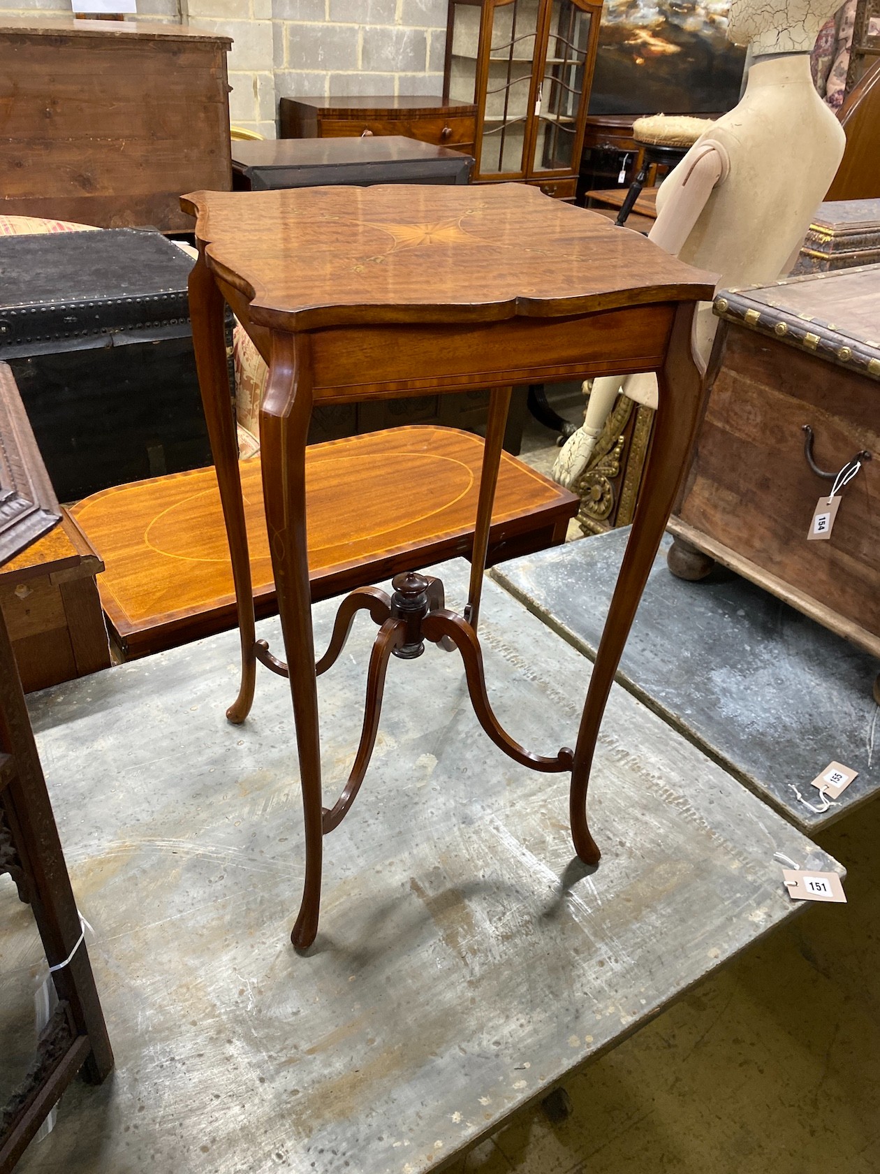 An Edwardian marquetry inlaid satinwood square occasional table, width 38cm, height 68cm